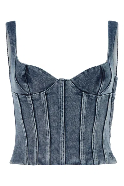 Off-white Cropped Stretch-denim Bustier Top In Extreme Wash Blue