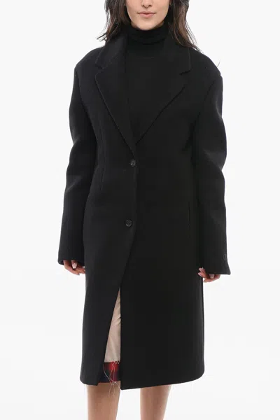 Off-white Wool Blend Coat With Cinched Waist In Black