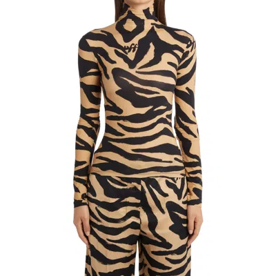 Off-white Zebra Print Logo Turtleneck Top In Beige Black