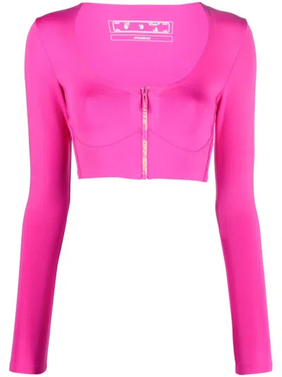 Off-white Zip-logo Long-sleeve Crop Top In Rosa