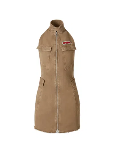 Off-white Zipped Frayed-hem Dress In Brown