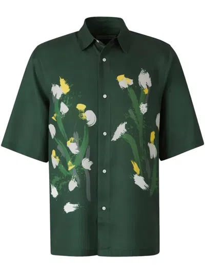 Officine Generale Short-sleeved Satin Shirt With Watercolor Floral Motif In Green