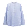 Officine Generale Band Collar Shirt With Gathered Pleats In Blue