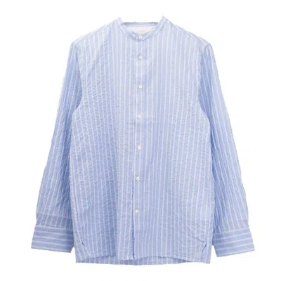 Officine Generale Band Collar Shirt With Gathered Pleats In Blue