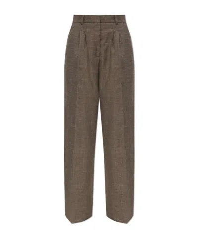 Officine Generale Pleated Wide-leg Trousers In Brown