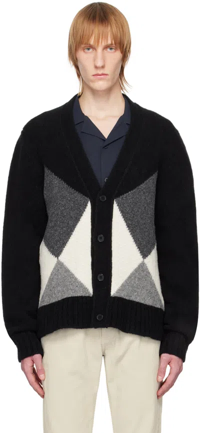 Officine Generale Miles Argyle Wool-blend Cardigan In Black/grey/ecru