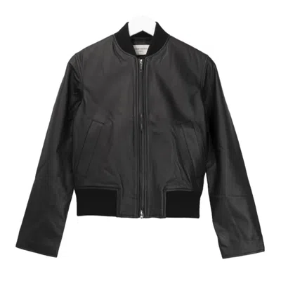 Officine Generale Boxy Black Leather Bomber Jacket In Gray