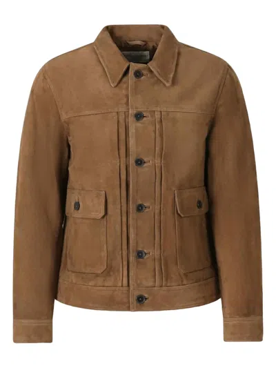 Officine Generale Button-fastening Suede Jacket In Brown