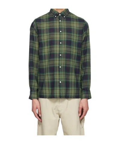 Officine Generale Check Print Shirt In Green