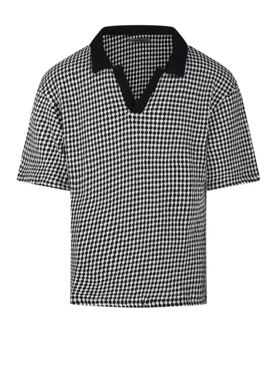 Officine Generale Cropped Houndstooth Polo With Classic V-neckline In Multicolor
