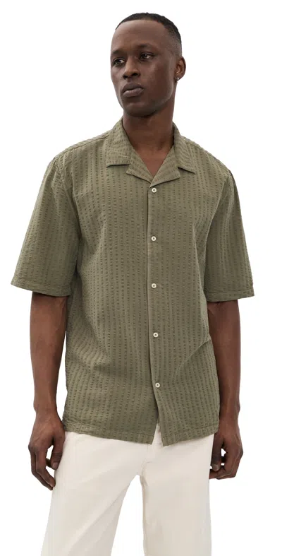 Officine Generale Eren Seersucker Shirt Burnt Olive In Green