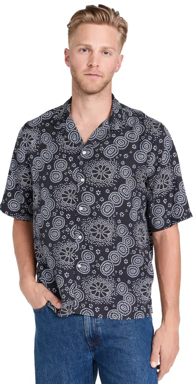 Officine Generale Officine Générale Eren Twill Camp Shirt In Dark Navy/blue/white