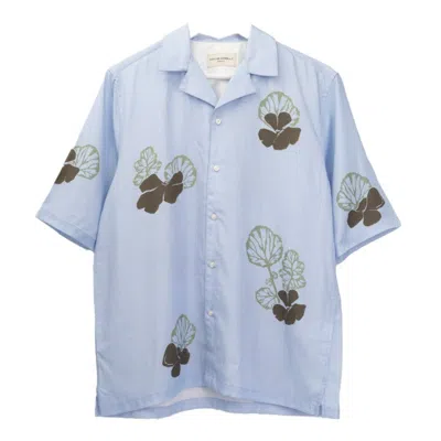 Officine Generale Floral Print Camp Shirt With Quarter Sleeves In Blue