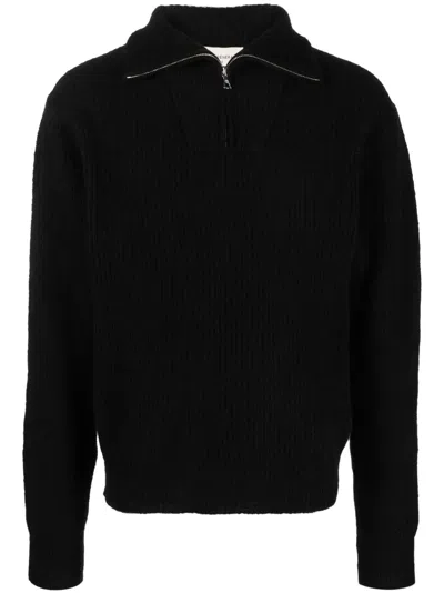 Officine Generale Tarek Ribbed Merino Wool Half-zip Sweater In Black