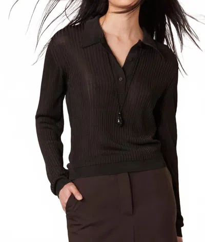 Officine Generale Jana Ribbed Polo Top In Dark Coffee In Black