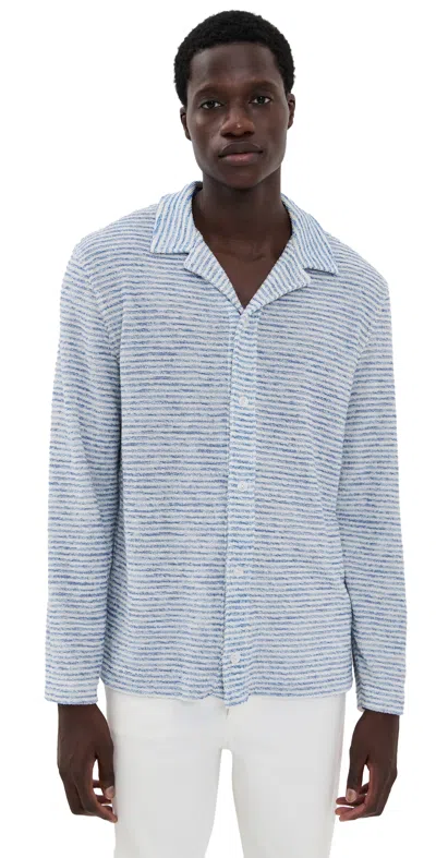 Officine Generale Kai Stripe Cotton Terry Shirt Cream/cloud In Blue