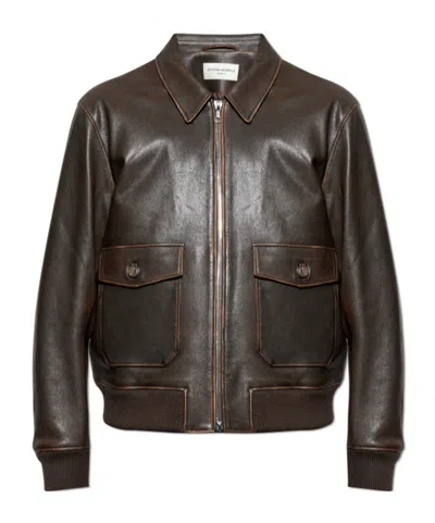 Officine Generale Long-sleeved Leather Jacket In Black