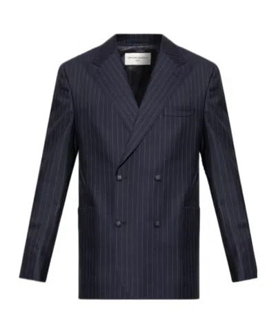 Officine Generale Kane Double-breasted Pinstriped Virgin Wool Blazer In Blue