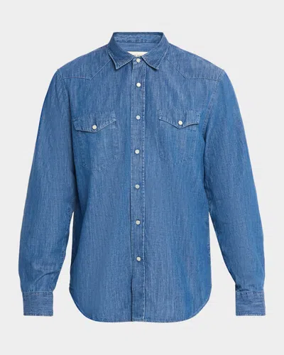 Officine Generale Men's Maverick Snap-front Chambray Western Shirt In Blue