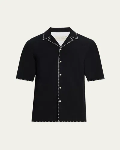 Officine Generale Men's Eren Seersucker Whipstitch Camp Shirt In Black/white