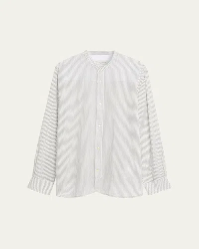 Officine Generale Men's Gali Band-collar Cotton Stripe Button-down Shirt In Gray