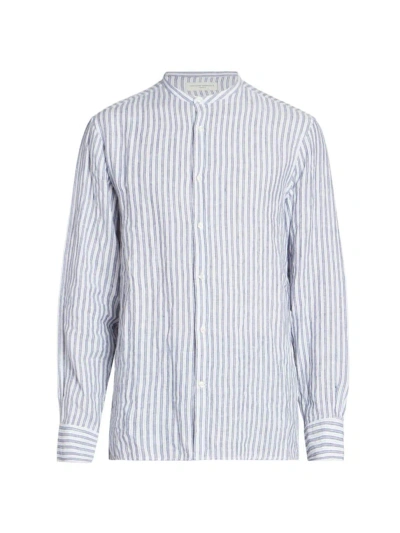 Officine Generale Men's Gaston Striped Band-collar Sport Shirt In Dark Navy White