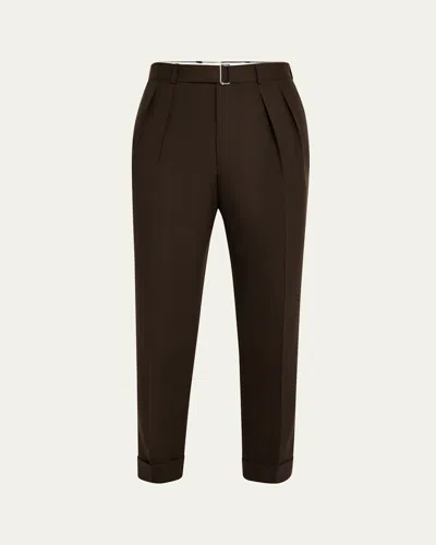 Officine Generale Men's Pleated Wool Pants With Self Belt In Dark Coffee