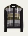 Officine Generale Men's Square-print Wool Button-down Sweater In Blck/gry/oliv/ecru