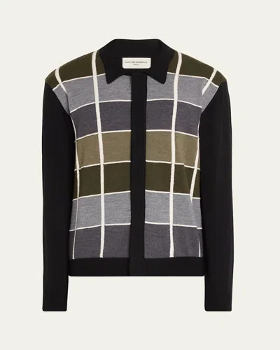 Officine Generale Men's Square-print Wool Button-down Sweater In Blck/gry/oliv/ecru