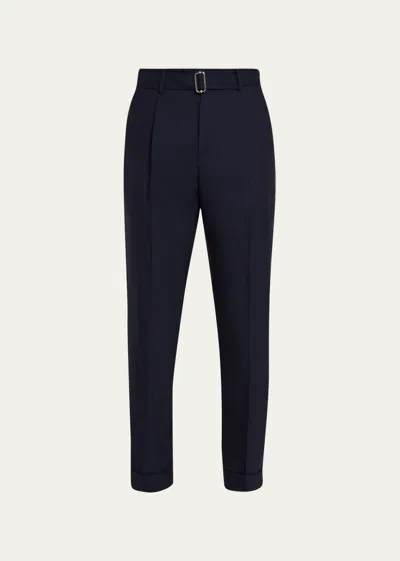 Officine Generale Men's Wool Fresco Cropped Pleated Hugo Pants In Dark Navy