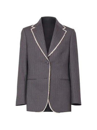 Officine Generale Pinstripe Frayed Blazer In Gray