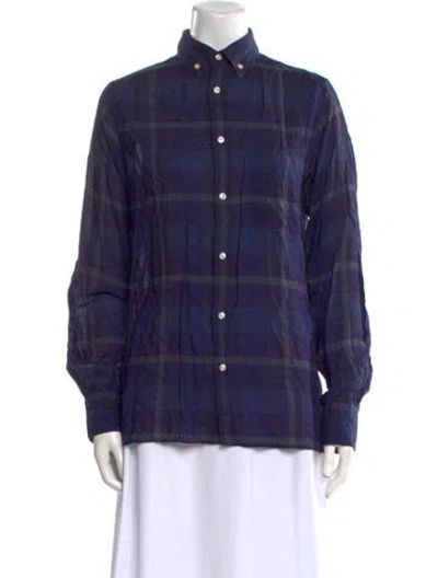 Pre-owned Officine Generale Plaid Print Mock Neck Button-up Top In Blue