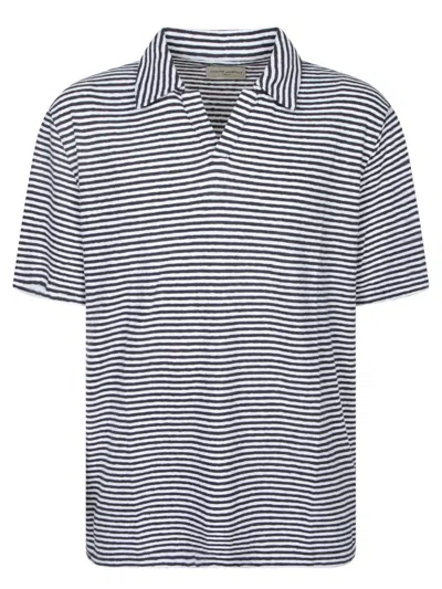 Officine Generale Relaxed-fit Striped Blue T-shirt With Collared Neckline In Multi
