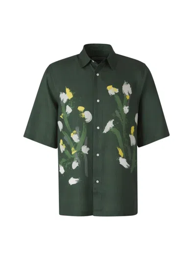Officine Generale Short-sleeved Satin Shirt With Watercolor Floral Motif In Green