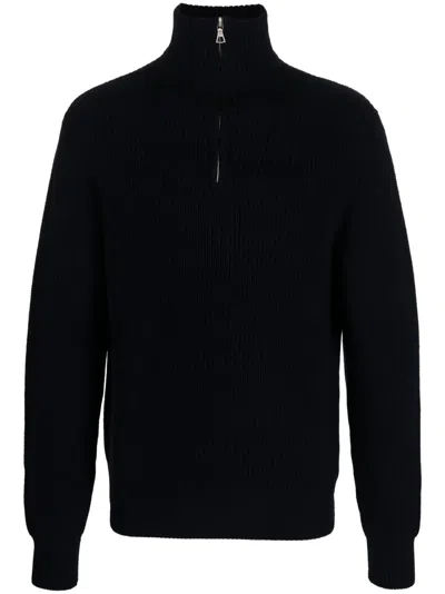 Officine Generale Tarek Rib-knit Wool Half-zip Sweater In Blue