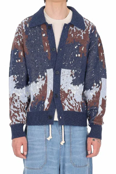 Officine Generale Terry Jacquard Linen-blend Multicolored Cardigan In Blue