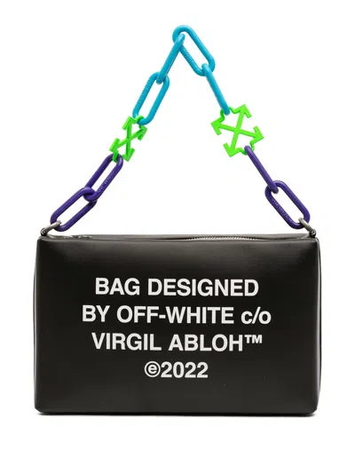 Pre-owned Off-white 2022 Leather Block Pouch Quote Clutch With Chain Shoulder Bag In Black