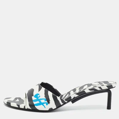 Pre-owned Off-white Allen Size 38 Black/white Zebra Print Leather Slide Sandals