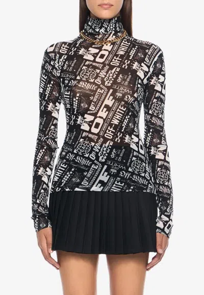 Off-white All-over Logo Long-sleeved Mesh Top In Black
