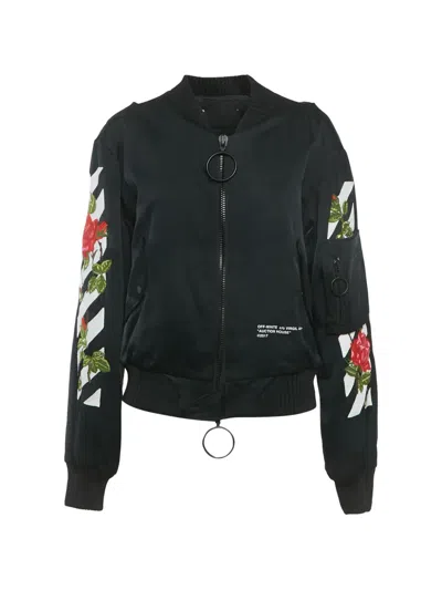 Pre-owned Off-white Arrow-detail Rose-embroidered Bomber Jacket In Black