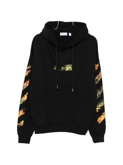 Off-white Cotton Sweatshirt With Adjustable Drawstring Hood And Graphic Prints In Black