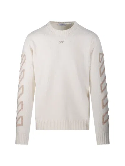 Off-white Cream Embroidered Crewneck Knit Sweater In Neutral