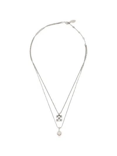 Off-white Arrows-pendant Faux-pearl Necklace In Silver