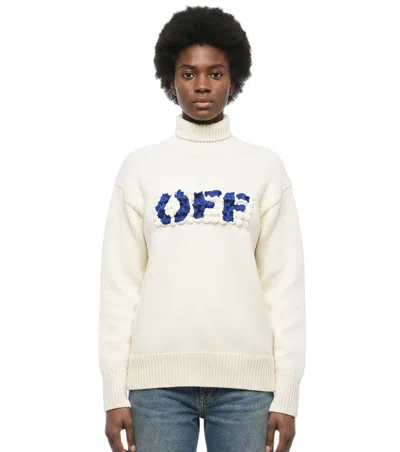 Off-white Beige Embroidered Turtle Neck Sweater In White