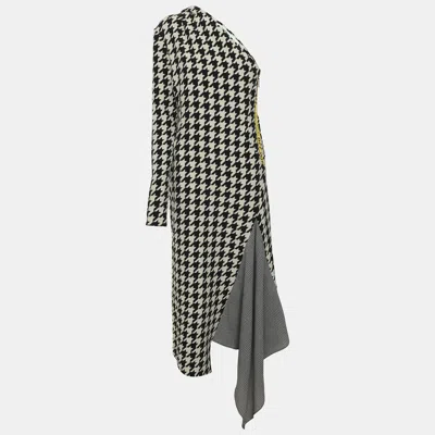 Pre-owned Off-white Black & White Houndstooth Pattern Wool One Shoulder Midi Dress S