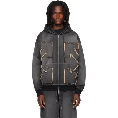 Off-white Black Distressed Arrow Skate Zip Hoodie In Gray