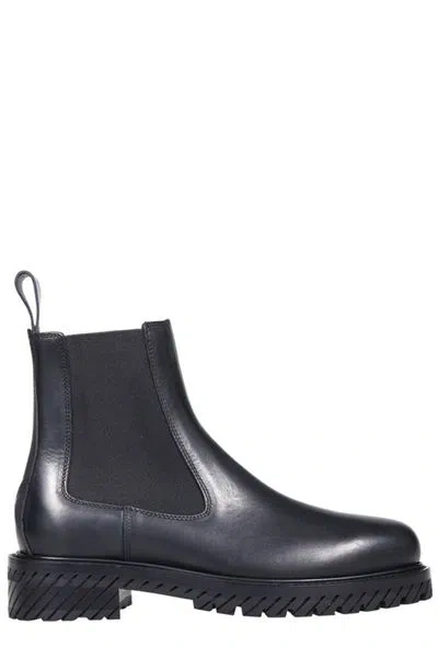 Off-white Black Leather Combat Ankle Boots In Blue