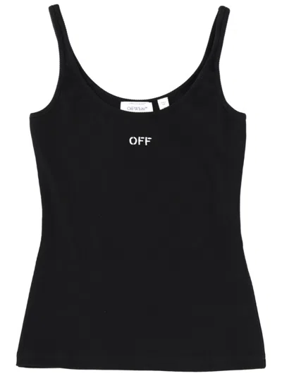 Off-white Logo Cotton-blend Ribbed Tank Top In Black