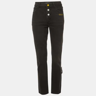 Pre-owned Off-white Black Slogan Print Denim Straight Fit Jeans S/waist 26"