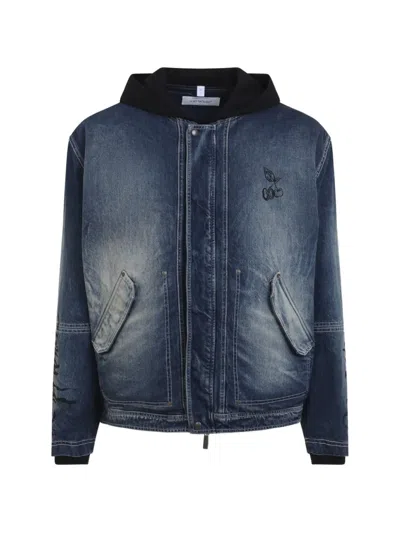 Off-white Cherry Fleece Denim Jacket With Hood In Blue